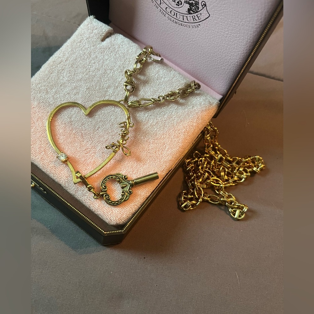 Gold Heart Lock Necklace with Key Charm Vintage Juicy